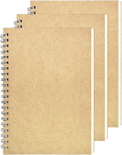 Cuaderno de espiral en blanco, paquete de 3, tapa suave, libro de bocetos, 100 páginas/50 hojas, 7.5 pulgadas x 5.1 pulgadas, 100 GSM, (marrón)
