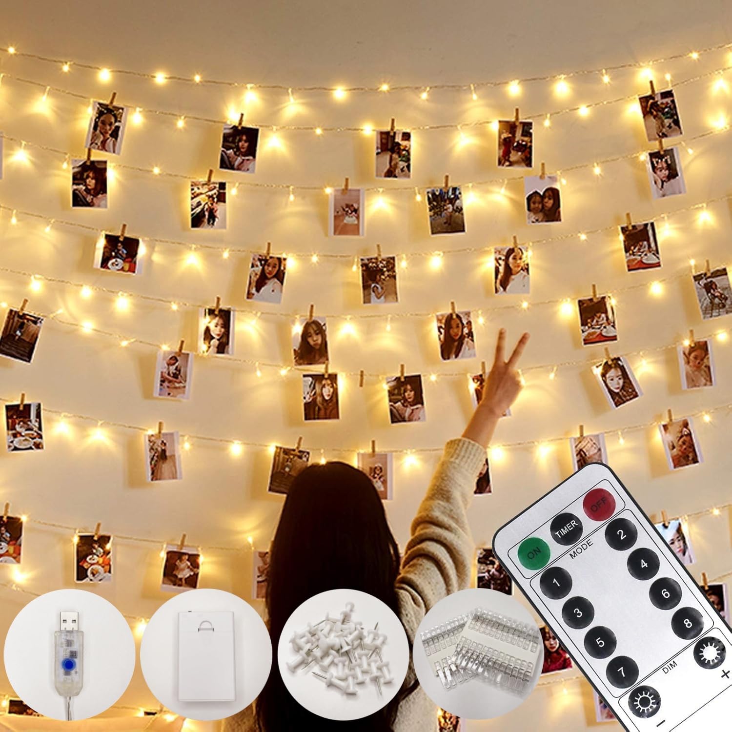Microwear Guirlande Photo,10M100LED 8Modes,Alimenté par USB ou Batterie,avec Télécommande,Lumineuse LED d'intérieur pour Chambre Photo Suspendre des Photos,Décoration de Chambre (50Clips 25Clous)
