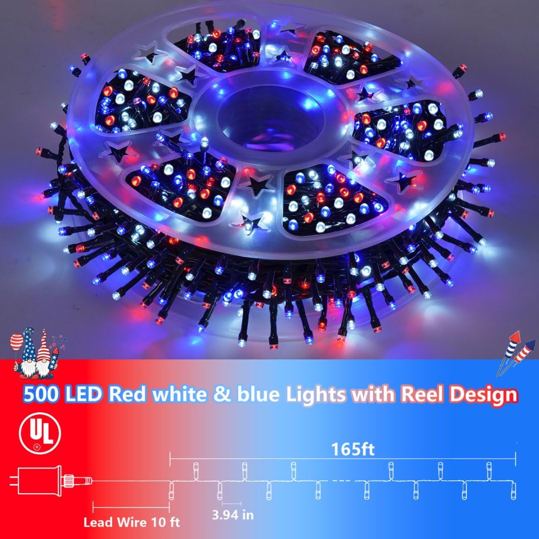QITONG 500 LED Red White and Blue String Lights, 165ft 4th of July Decorations Lights Plug in Outdoor Indoor, 8 Modes Patriotic Light Green Wire for Independence Memorial Day Decor