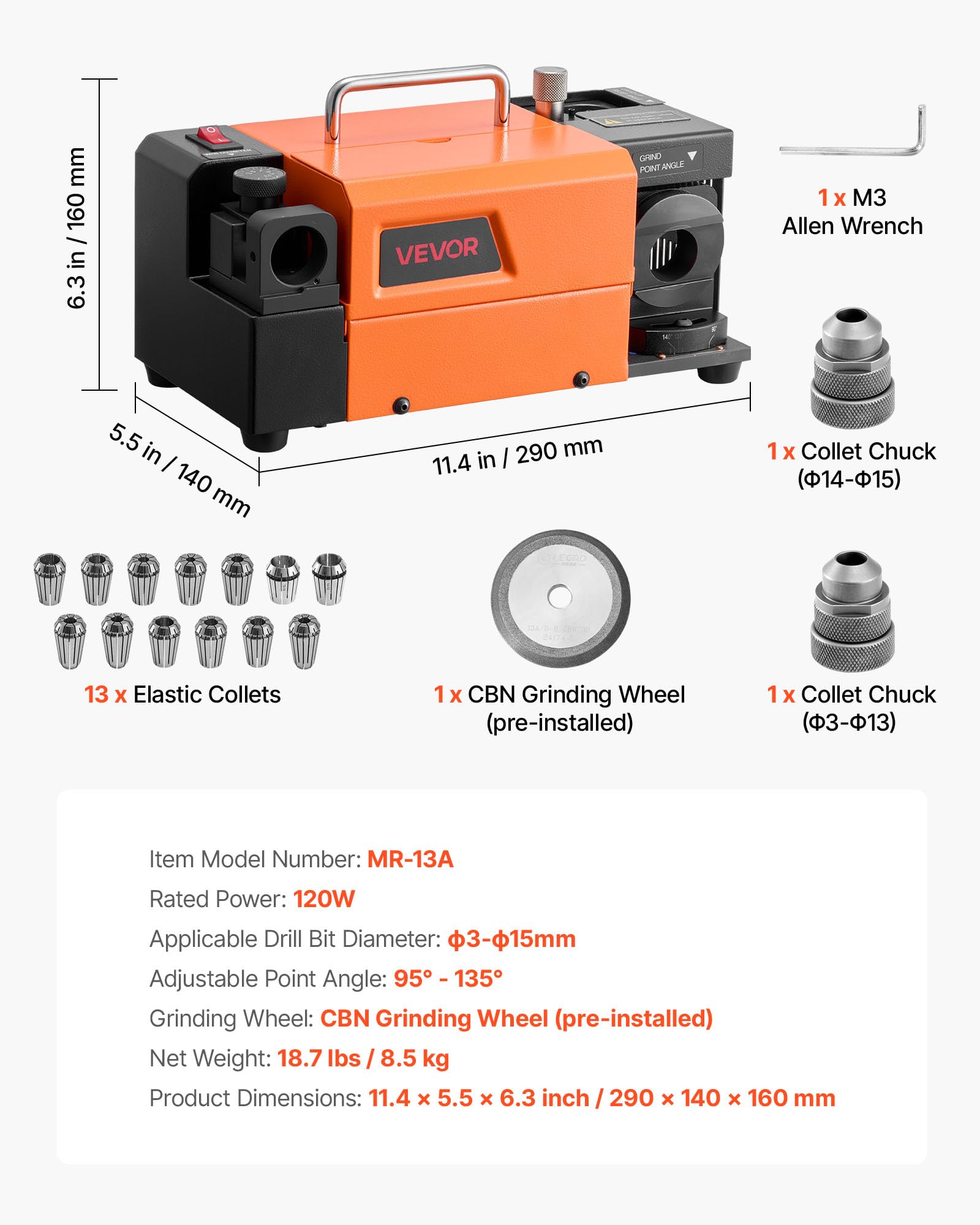 VEVOR Afilador de Brocas MR-13A de 3 a 15 mm, con Ángulo de Punta Ajustable de 95° a 135°, Alta Velocidad de 4600 RPM, con 13 Pinzas y Rueda de CBN para Talleres y Garajes, 290 x 140 x 160 mm