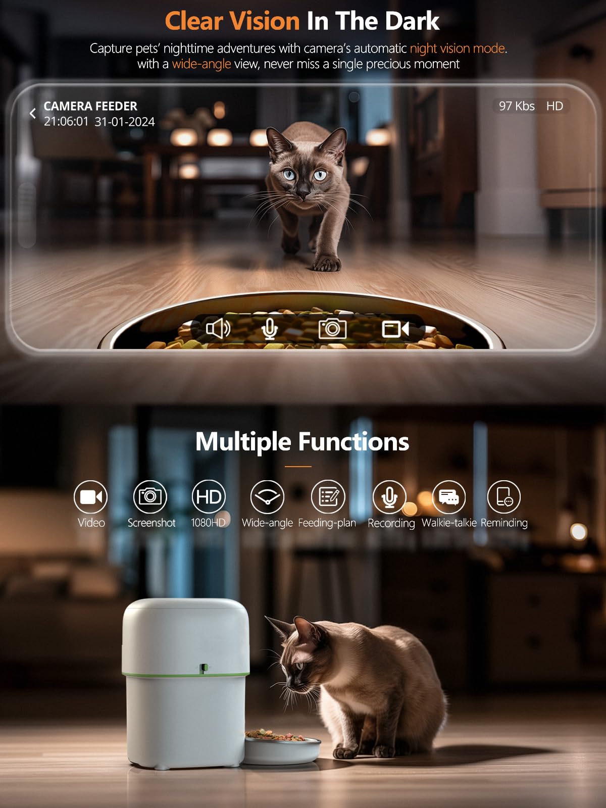 Automatic Cat Feeder with Camera - 5G WiFi Auto Cat Food Dispenser, 1080P HD Video with Night Vision, 1-15 Meals, 1-99 Portions, 2-Way Audio, Keeps Food Fresh, Timed Pet Feeder Also for Dogs view 4