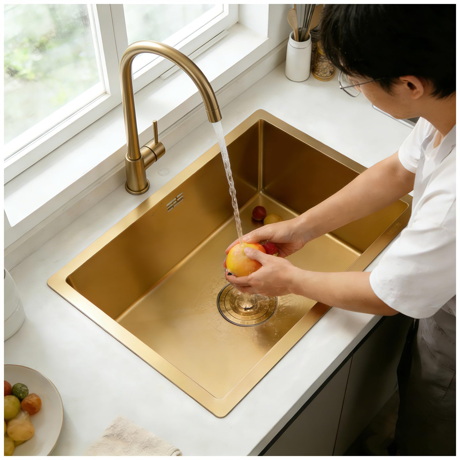 HZKSINNK 75x45cm Kitchen Sink, Brushed Gold Single Bowl Sinks, Stainless Steel Bar Kitchen Sinks, Undermount Or Above Counter Sink With Drain Filter