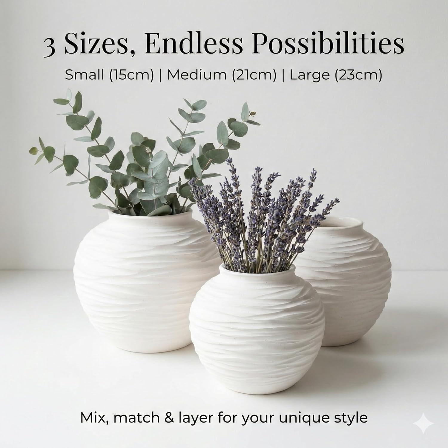 White Ceramic Vase for Home Decor - Rustic Farmhouse Flower Vase, Hand-Carved Spiral Texture, Decorative Round Pottery Vase for Living Room, Table, Shelf, Centerpiece (Matte White) - Medium