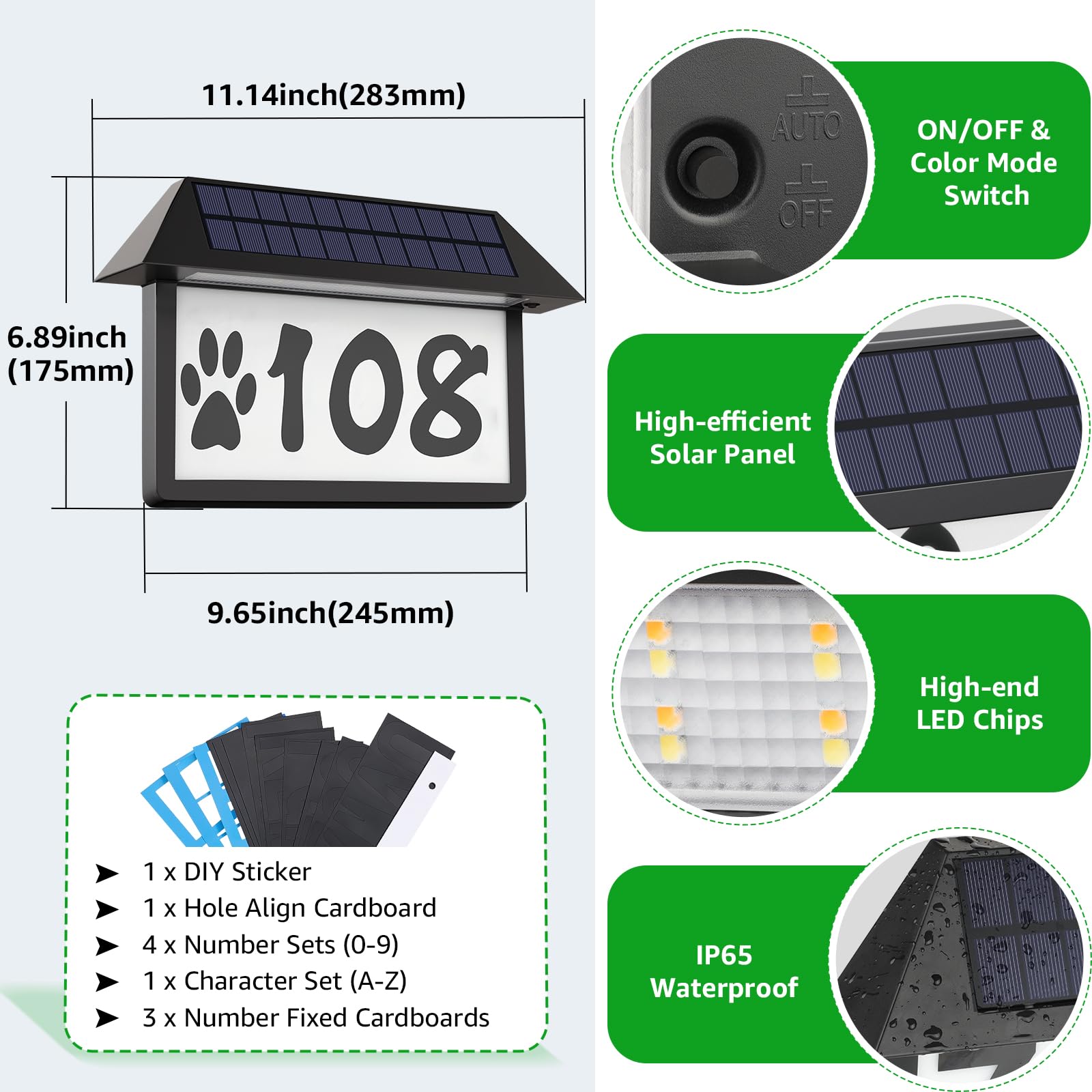 ASOMST Solar-Adressschild, beleuchtete Hausnummern, wasserdicht, 3 Farb-Beleuchtungsmodi, LED-beleuchtetes Adressschild, Wandmontage, Adressnummer, 2 Stück
