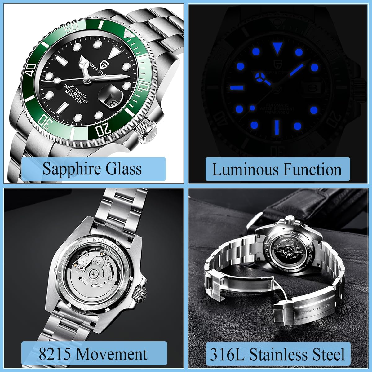 CEYADG Pagani Design Watches for Men Japan NH35/8215 Movement Automatic Watch, 40mm Sapphire Glass 316L Stainless Steel Calendar Diver Waterproof Men's Wrist Watches
