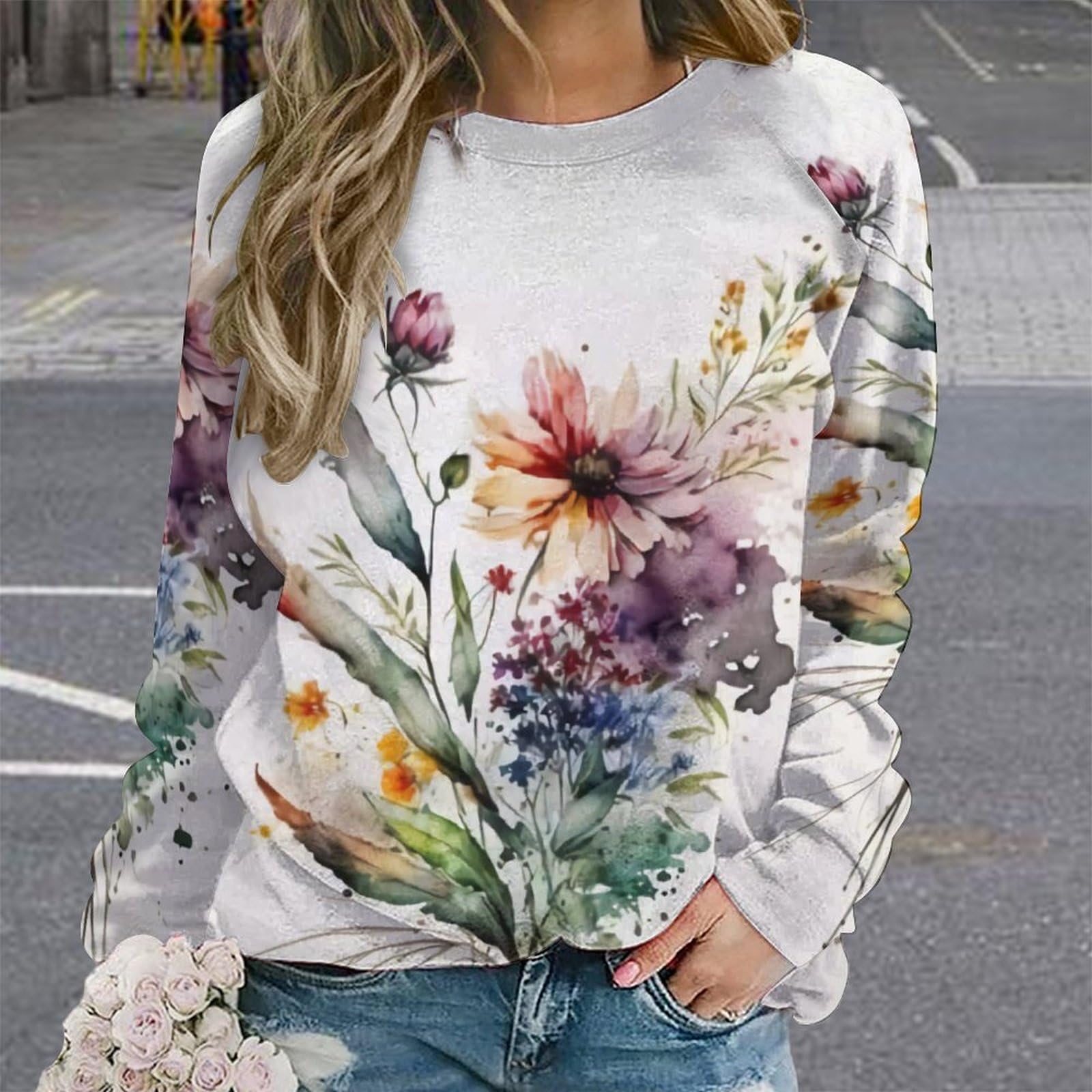 ZOCAVIA Womens Boho Floral Sweatshirts Novelty Graphic Crewneck Long Sleeve Shirts Oversized Fall Casual Flower Pullover Tops