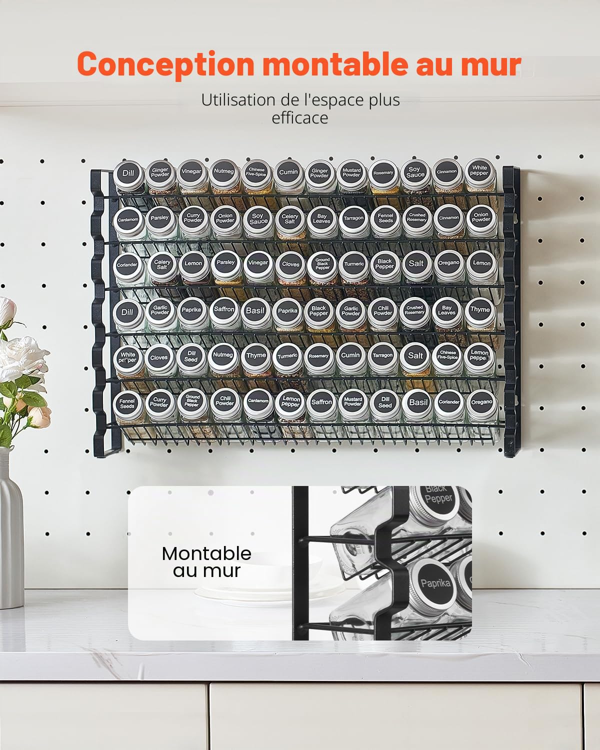 VEVOR Étagère à épices pour armoire, avec 72 pots à épices vides, couvercles, étiquettes et entonnoir, ensemble complet, organiseur d'assaisonnement pour comptoir, cuisine, garde-manger, placard, noir