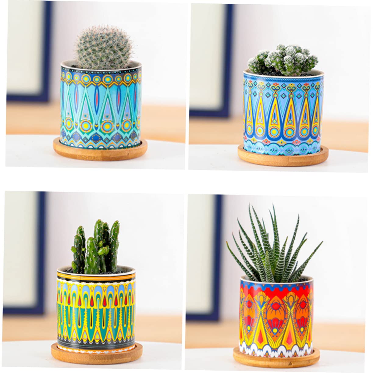 Yardwe Set 8 Pezzi Vasi Succulenti Cilindrici in Ceramica Motivo Mandala, Mini Vaso di Fiori per Piante Grasse, Ornamento per Casa e Ufficio 4 Supporti in Bambù Colorati