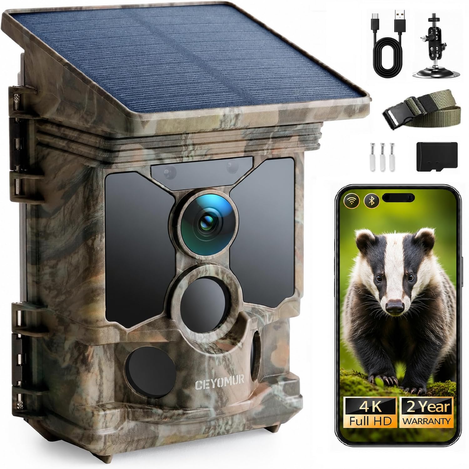 CEYOMUR Solar Wildkamera mit Handyübertragung App, 4K 68MP Wildkamera WLAN | Klare Nachtsicht, 120° Bewegungsmelder, 0,1 s Auslösezeit, 5200mAh Akku für lange Laufzeit, 32GB TF-Karte, IP66 Wasserdicht