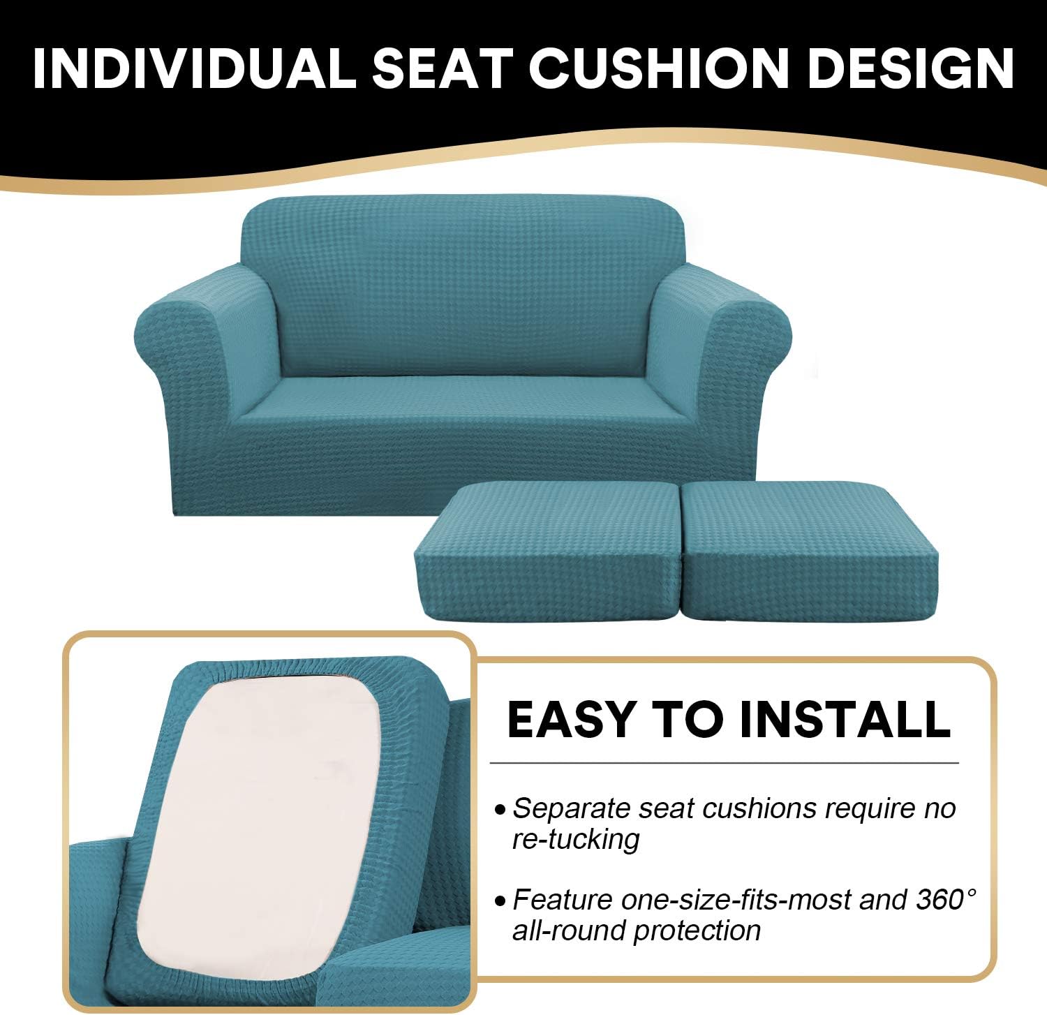 3 Piece Sofa Covers Stretch 3D Modern Pattern Sofa Covers for 2 Cushion Couch Covers Sofa Slipcovers Plus 2 Individual Cushion Covers, Ultra Thick Bouncy Customized (Large, Teal Blue)