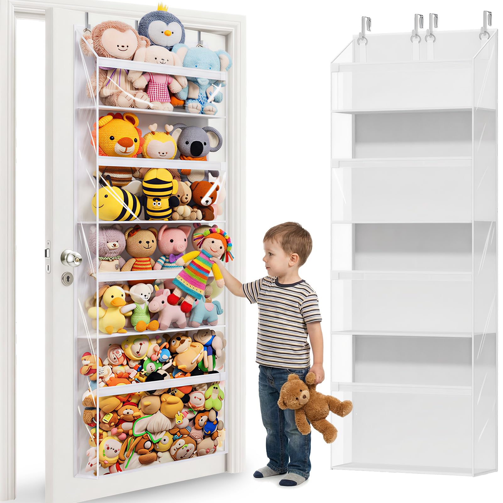 UVIAHOMI Heavy Duty Stuffed Animal Storage, 4-Tier Clear Extra Large Over The Door Organizer for Stuffies, Baby Ideas Holder, Toy Plush Hanging Organizer Big Girls Toddler Bag Animals Stuffy, White