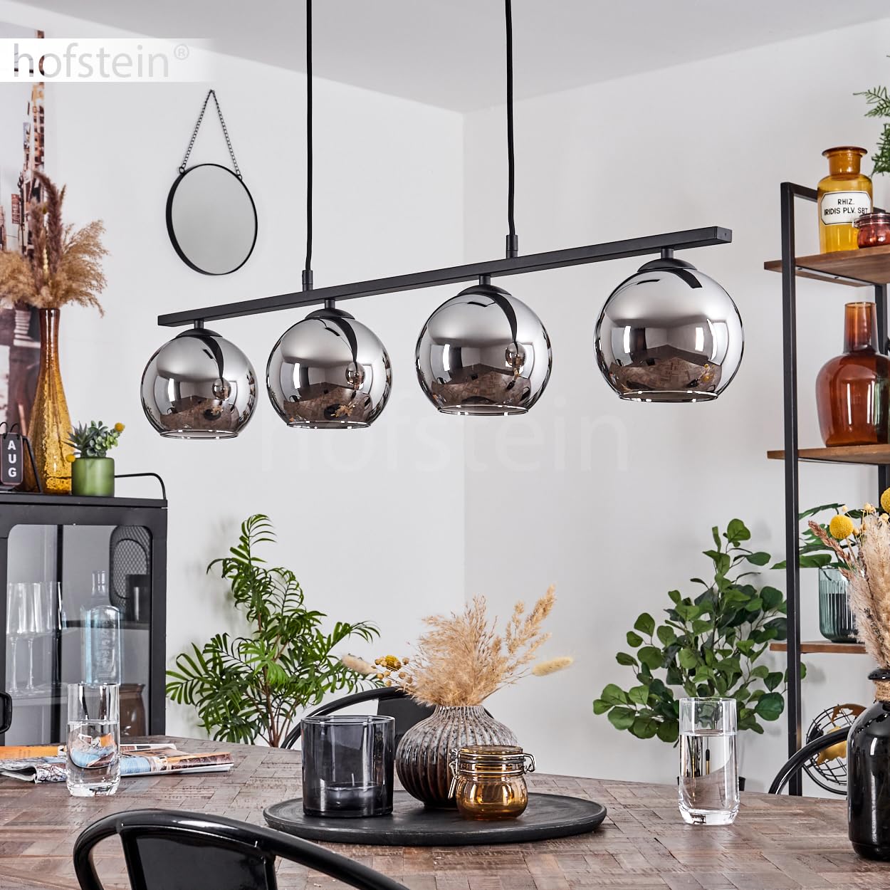Pendelleuchte Koyoto, Hängelampe aus Metall/Glas in Schwarz/Chromfarben, Hängeleuchte im Retro/Vintage-Design mit Glasschirmen (Ø 15 cm), 4-flammig, Höhe max. 111,5 cm, 4 x E27, ohne Leuchtmittel
