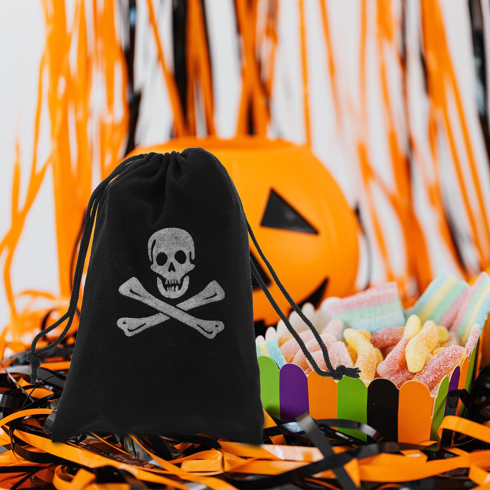 GALPADA 10 Stück Halloween Beutel mit Piratenmotiv Schwarzer Polyester Kordelzugbeutel für Süßigkeiten und Kleine Gegenstände für Halloween Partys