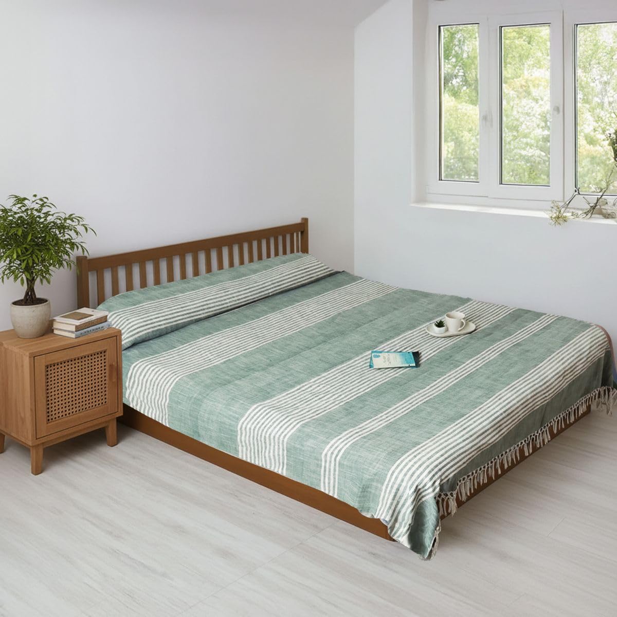 Peepul Tree Double Bed Cover Handwoven with Premium Cotton in Green and Off-White in a Striped Design | Queen Size 90 x 108 inches |The Royal Courtyards Collection-picture-29
