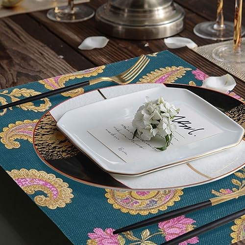 Miniatura 7 de Juego de 6 manteles individuales de arpillera de arpillera para debajo de los platos, diseño retro de moda, estampado de cachemira dorado y cian, de