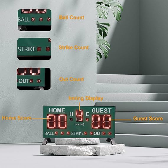 Luocute Adjustable Brightness Electronic Baseball Scoreboard, Multi Functional Remote Control Softball Score Keeper 5 Digit LED Light for Basketball, Softball, Volleyball, Pong