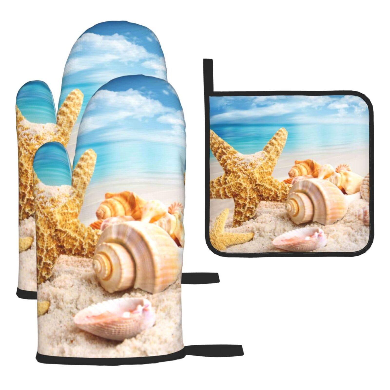 Starfish Seashell Ocean Beach Print Oven Set Kitchen Gloves Baking Grilling Microwaving Cooking Gift Everyday Holiday