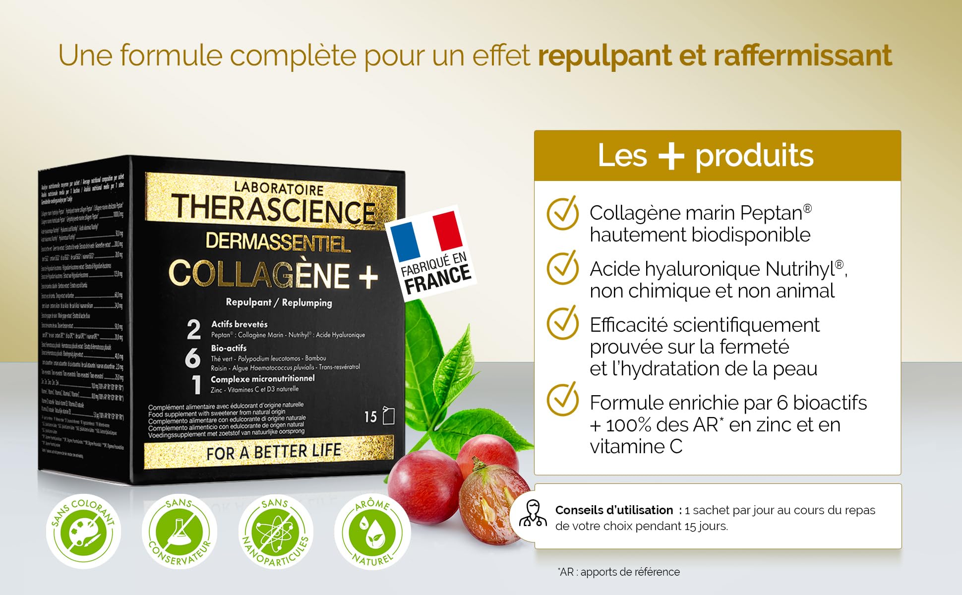 DERMASSENTIEL COLLAGÈNE+ | Repulpe & Raffermit | 10g de Collagène marin hydrolysé Peptan® | Acide hyaluronique Nutrihyl®| 6 Bio-actifs | Zinc + Vitamine C | 15 sachets | Laboratoire THERASCIENCE