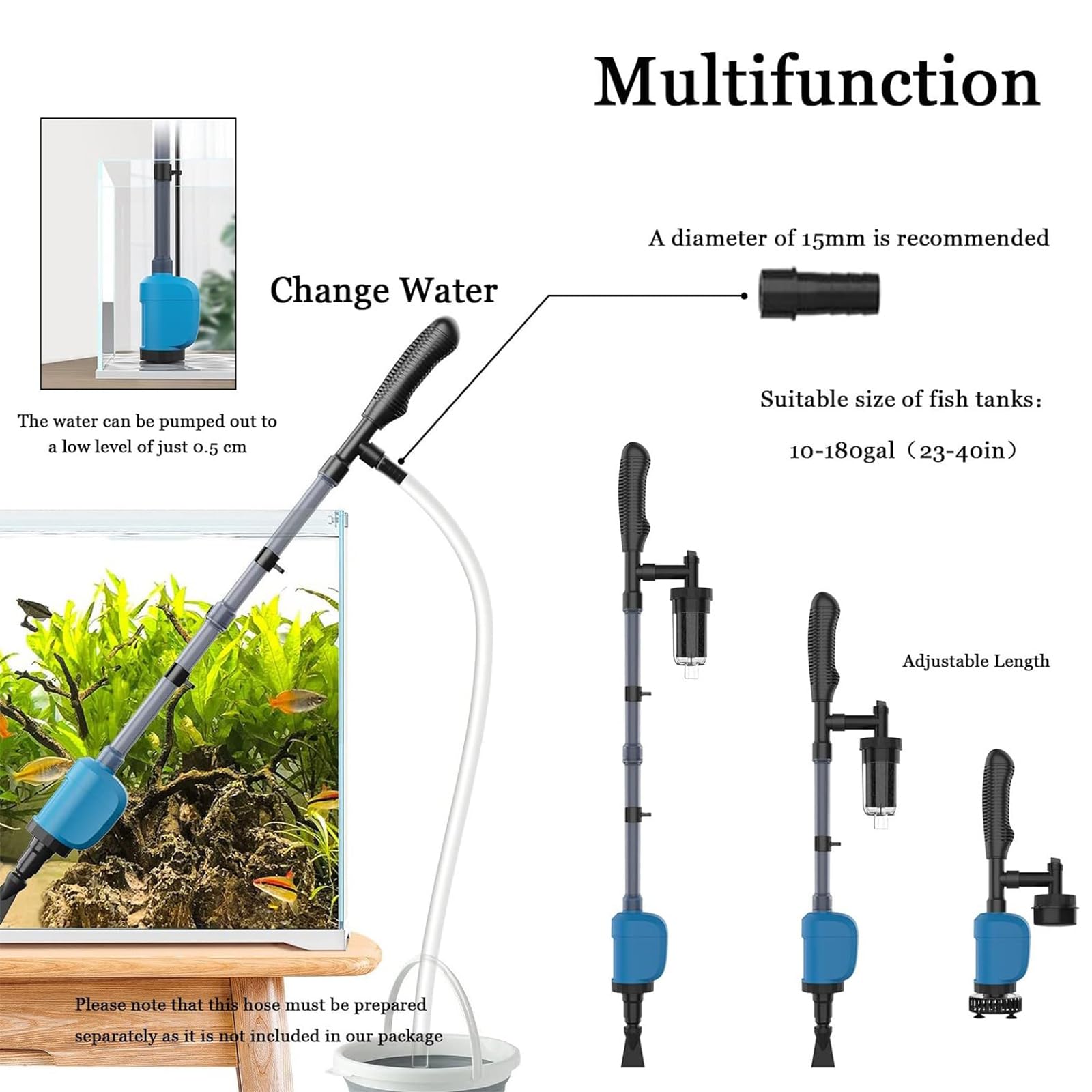 Aspirateur de Gravier 6 en 1 pour Aquarium, Nettoyeur de Gravier électrique Multifonction pour Laver Le Sable, oxygénation de la Douche, Changement d'eau