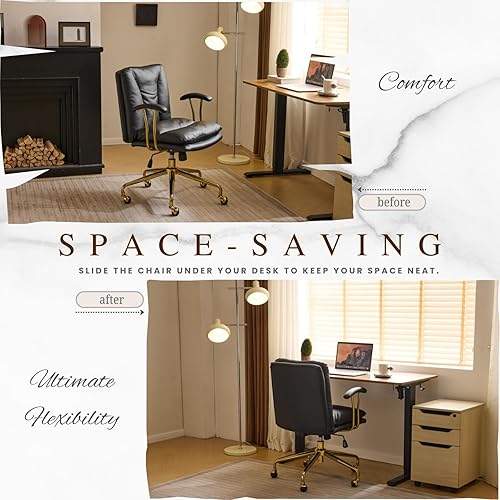 Miniatura 6 de VINGLI Silla de escritorio de oficina en casa, cómoda con ruedas y reposabrazos extraíbles, silla de tocador con base dorada con respaldo, silla