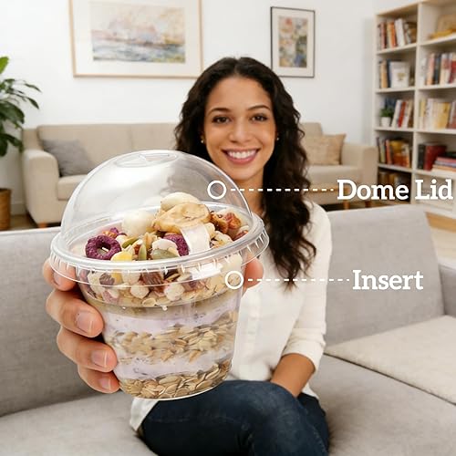 Miniatura 7 de Paquete de 100 vasos de plástico para parfait con inserto y tapas de cúpula, contenedor transparente de 9 onzas para yogur y parfait con tenedor,