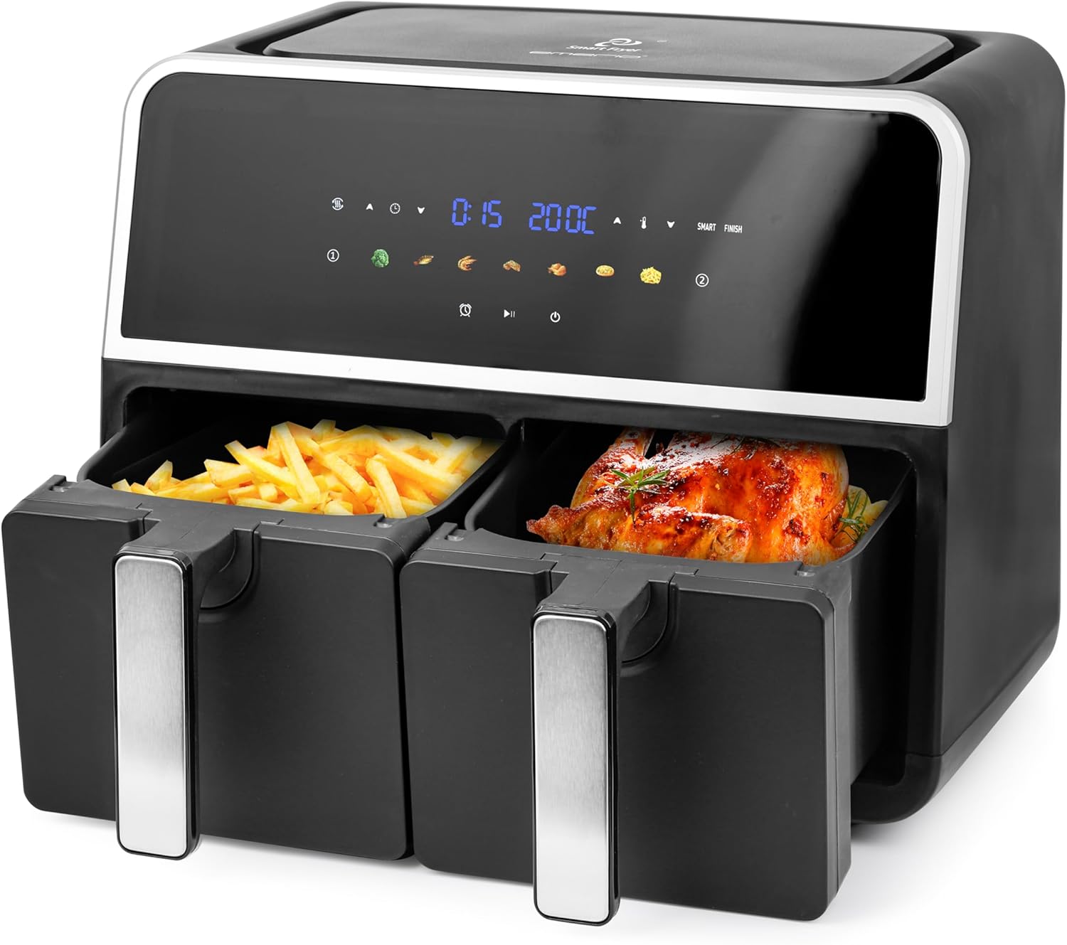 EMERIO AF-132833 Dual Digital Air Fryer with baskets pulled out