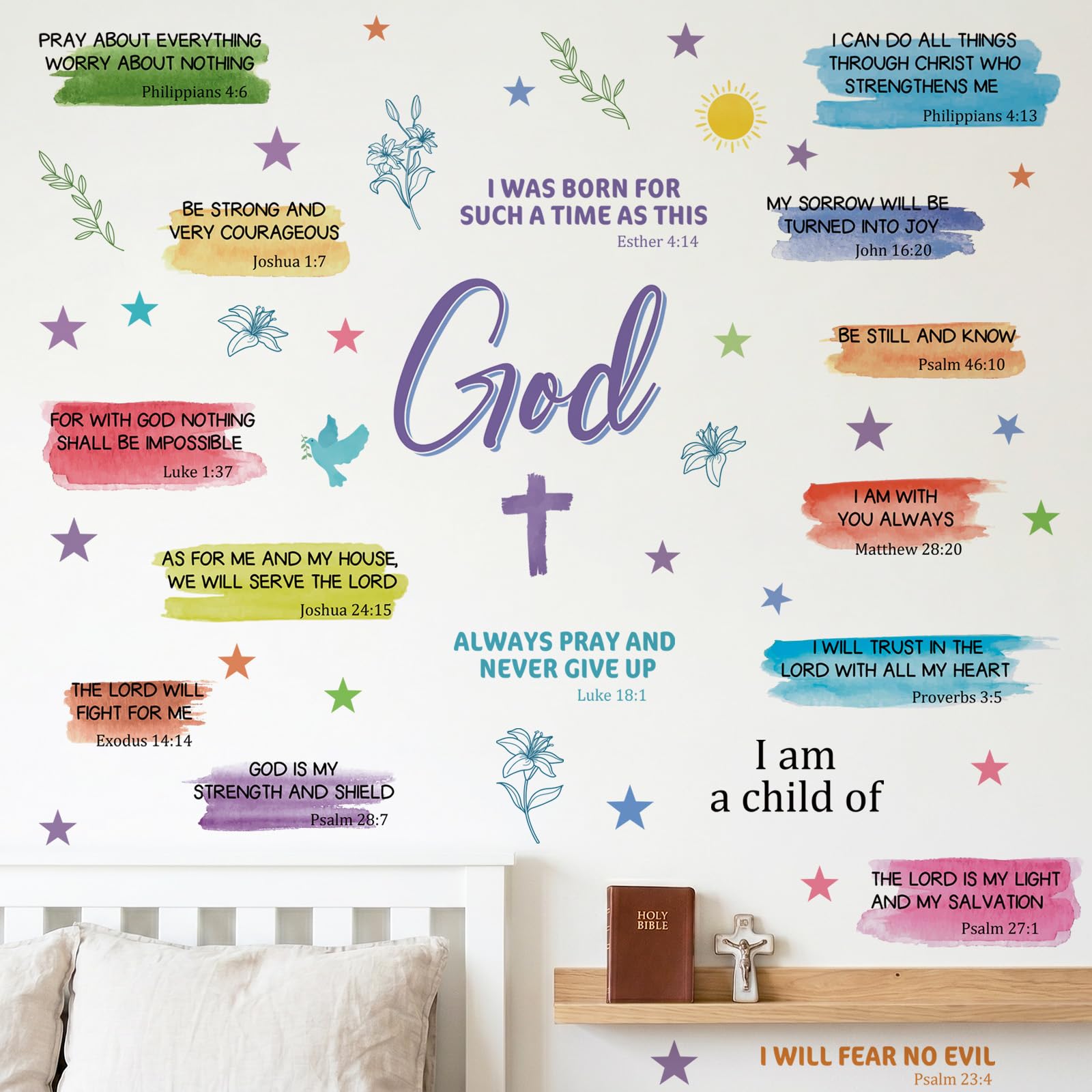 KAIRNE Watercolor Bible Verse Cross Dove Peel Stick Christian Wall Decals