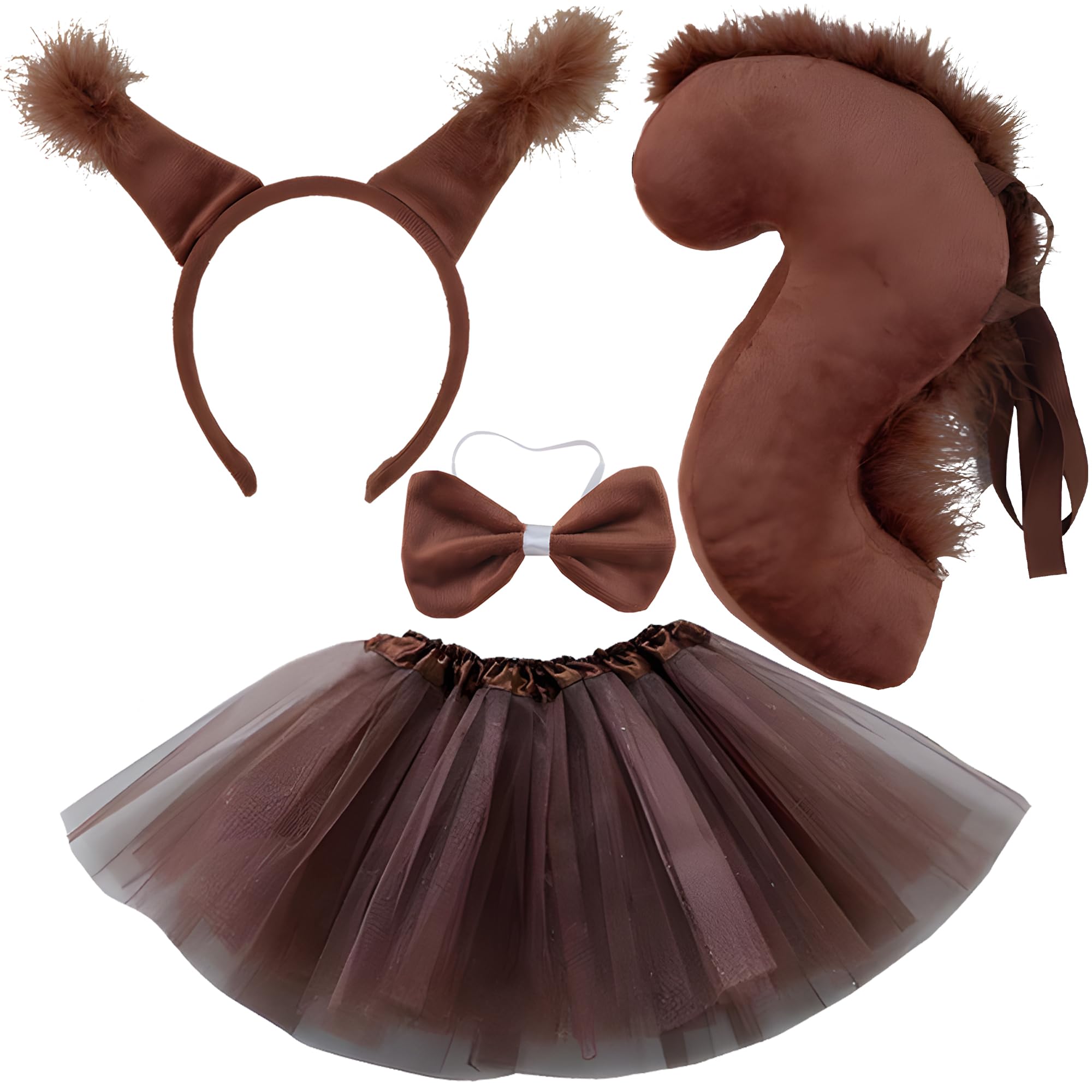 4pcs Squirrel Costume Set for Kids and Women,Bushy Ears Headband,Fuzzy Tail,Bow Tie,Adjustable Brown TUTU Dress,Fancy Dress Up Outfits for Wildlife Parties and Roleplay