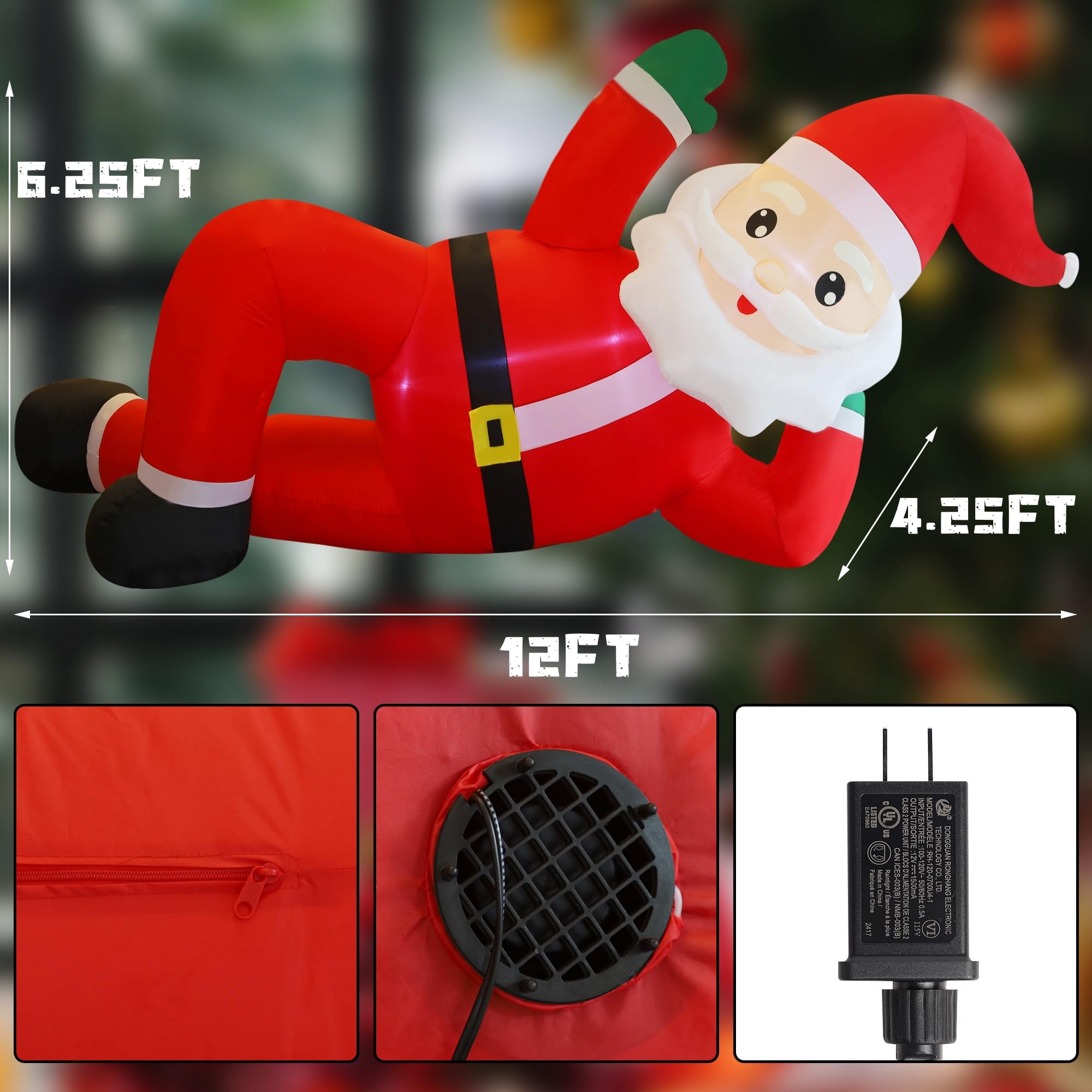 Juegoal Decoraciones inflables de Navidad al aire libre, Papá Noel inflable de 12 pies de largo, Papá Noel gigante iluminado con luces LED integradas, decoración de jardín