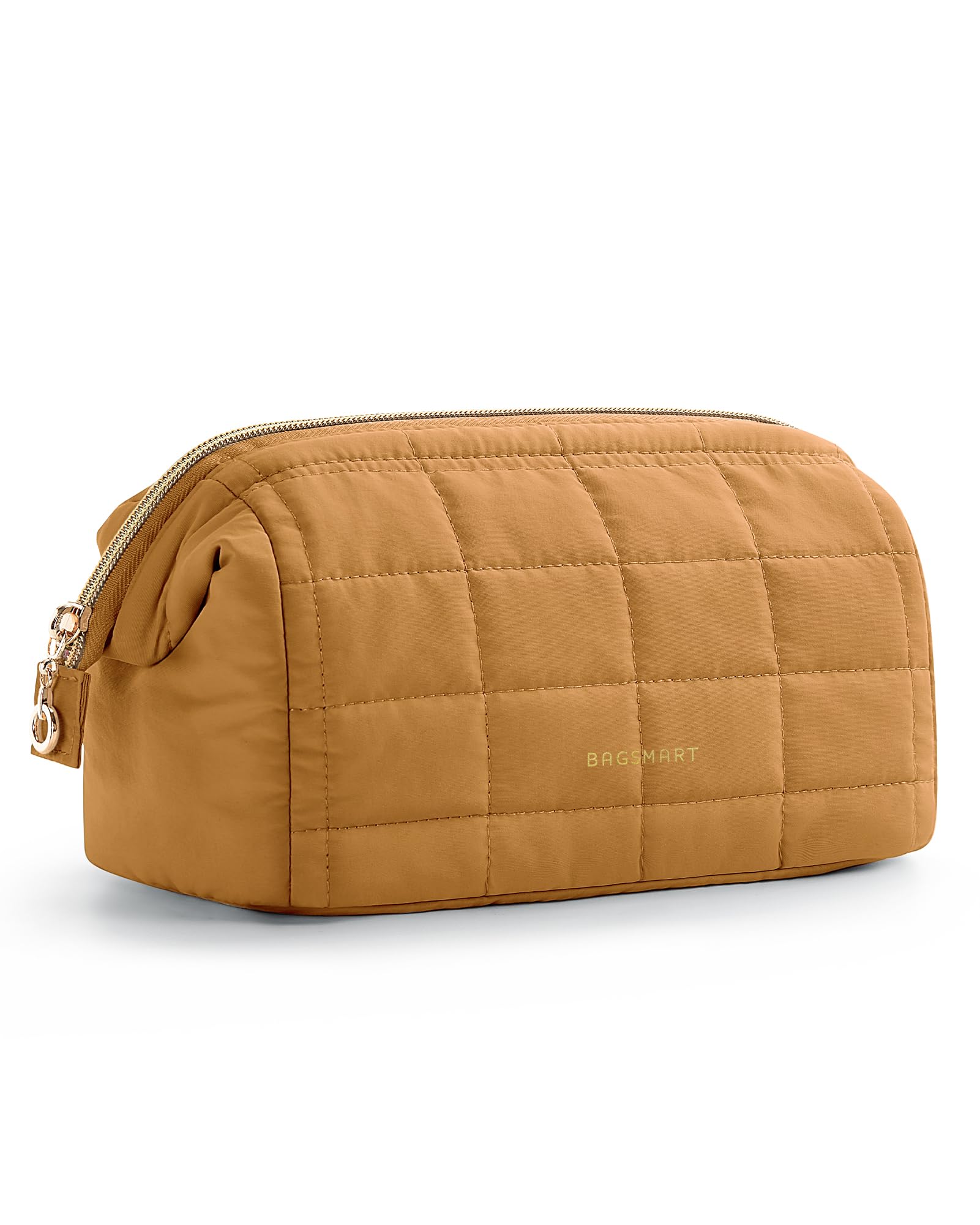 BAGSMART Puffy Padded Travel Makeup Bag, Wide-open Toiletry Bag, Mustard Yellow