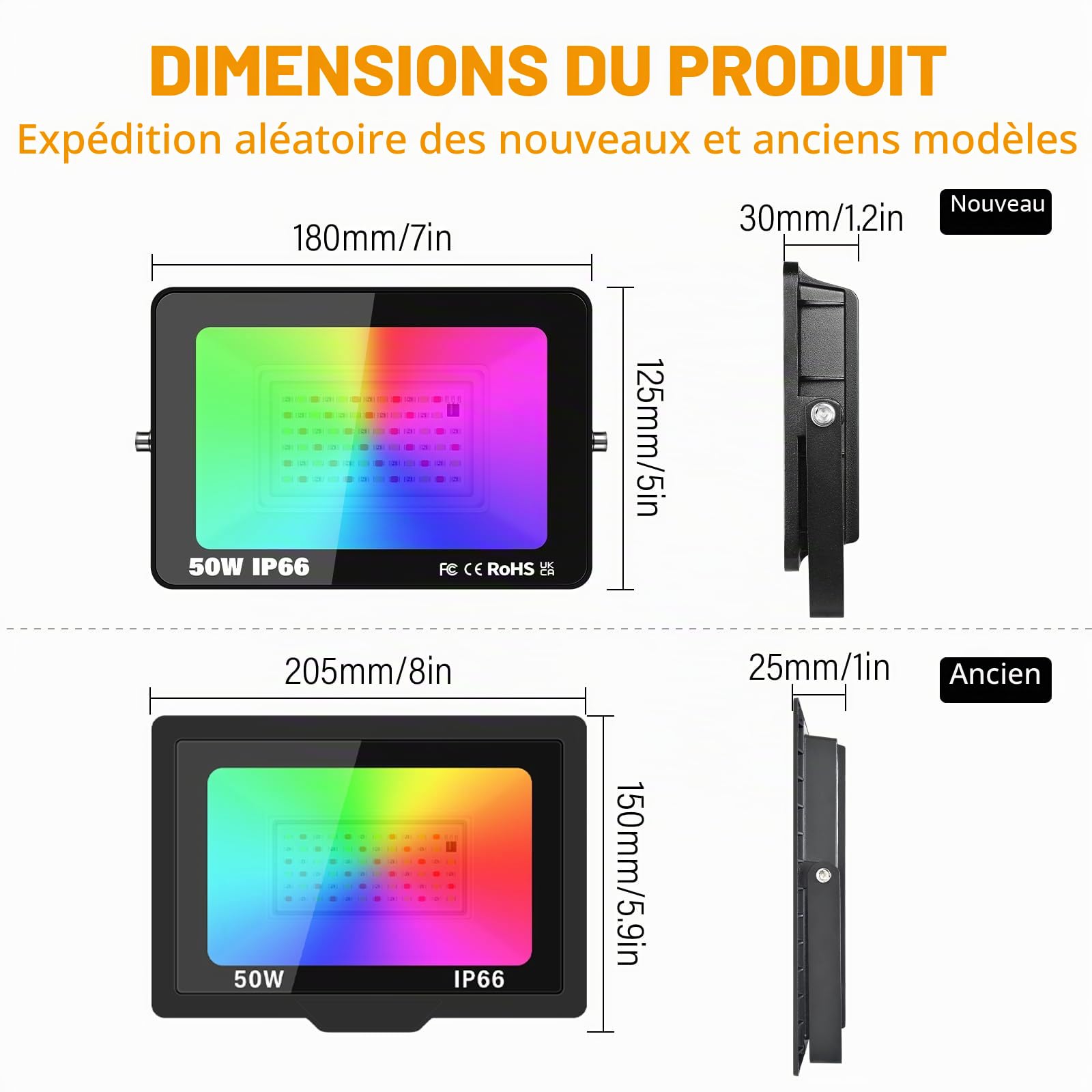 2pcs 50W RGB Projecteur LED Extérieurs avec Télécommande