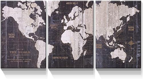 Denozer - 3 paneles de mapa del mundo con fondo vintage, pintura de pared, cuadros impresos en lienzo, arte para decoración moderna de oficina en