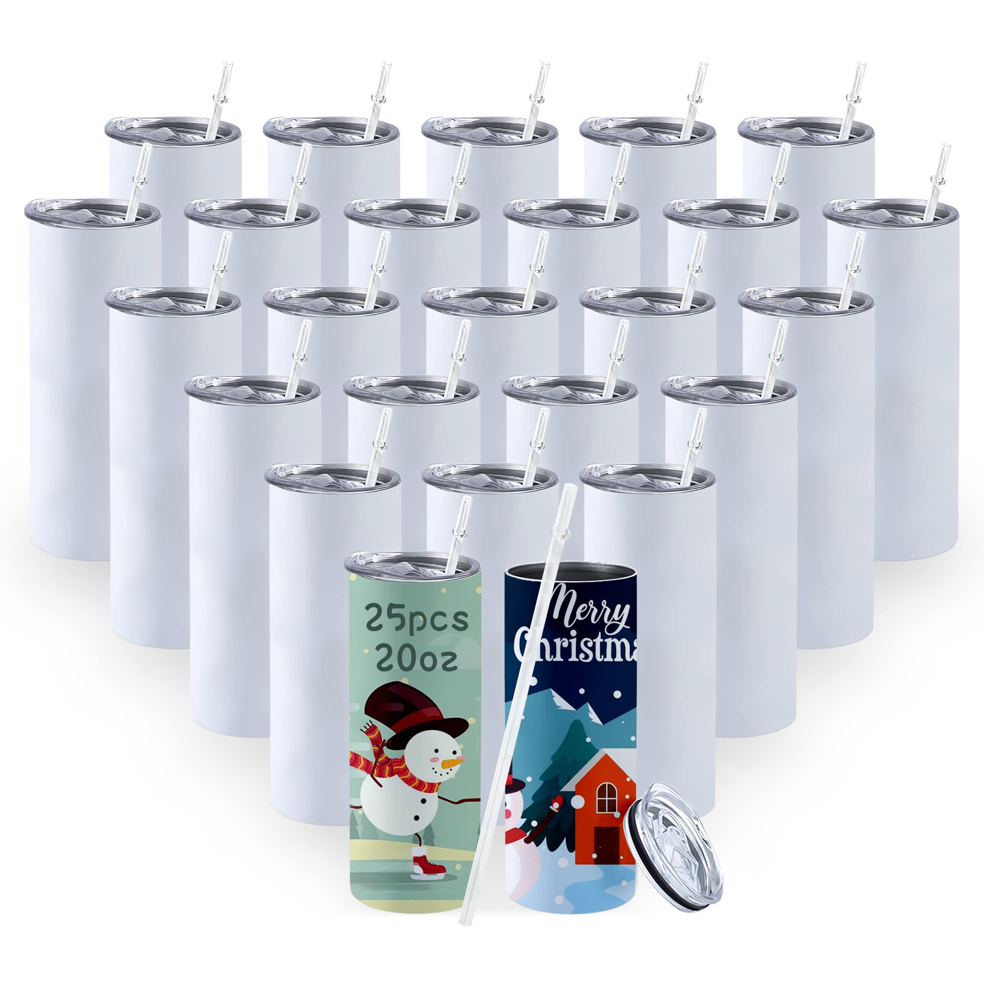 FECBKSublimation Blanks 25Pcs Sublimation Tumblers 20 oz Skinny Straight Stainless Steel Double Wall Insulated Cups Tumblers Bulk with Lids and Straws, Individually Boxed, White