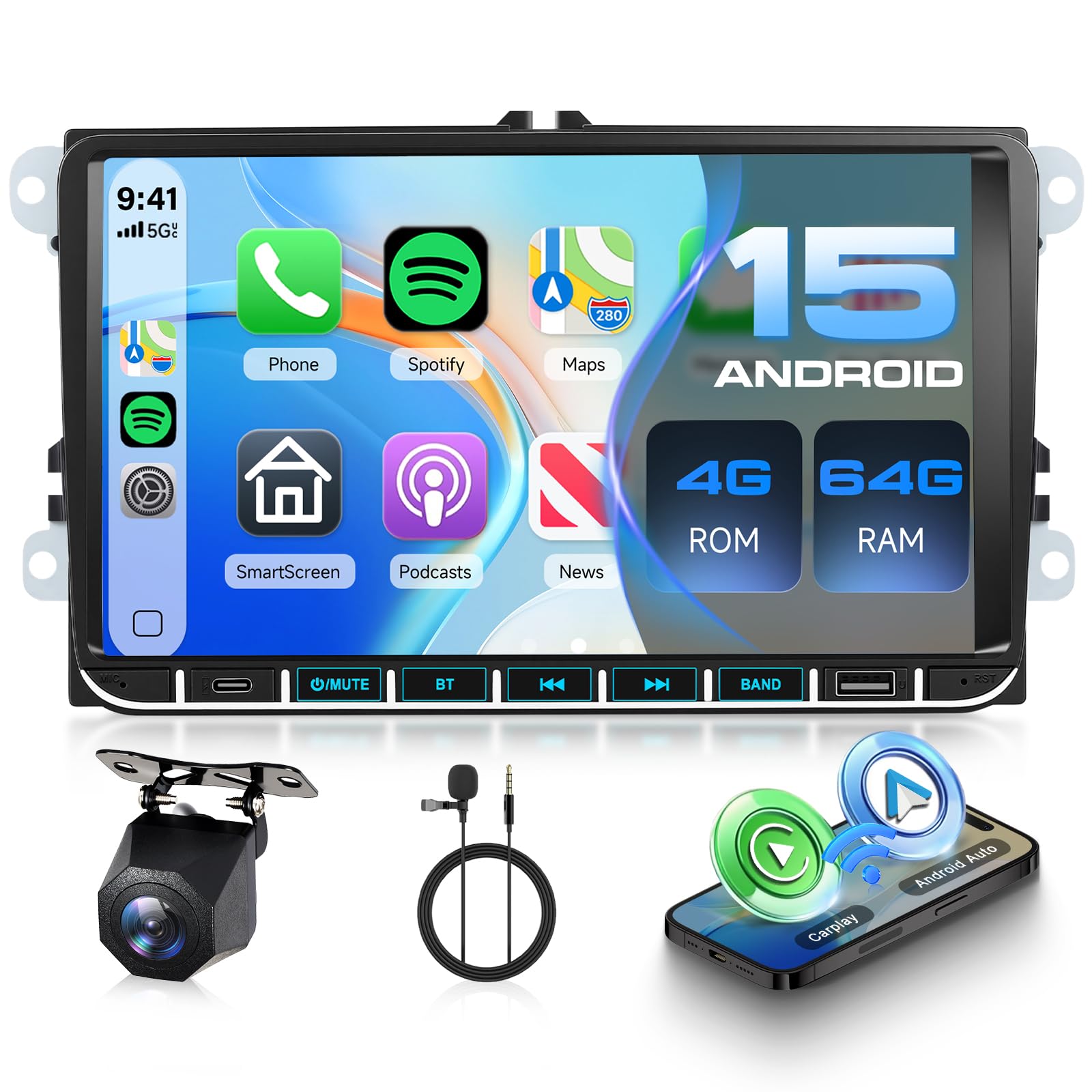 Autoradio 4G+64G con Carplay Wireless/Android Auto per VW Volkswagen Golf 5 6 Jetta Passat Tiguan Seat Touran Skoda,con 9" IPS Touchscreen Bluetooth/USB/Type-C/FM/RDS/EQ,5G WiFi GPS +telecamera