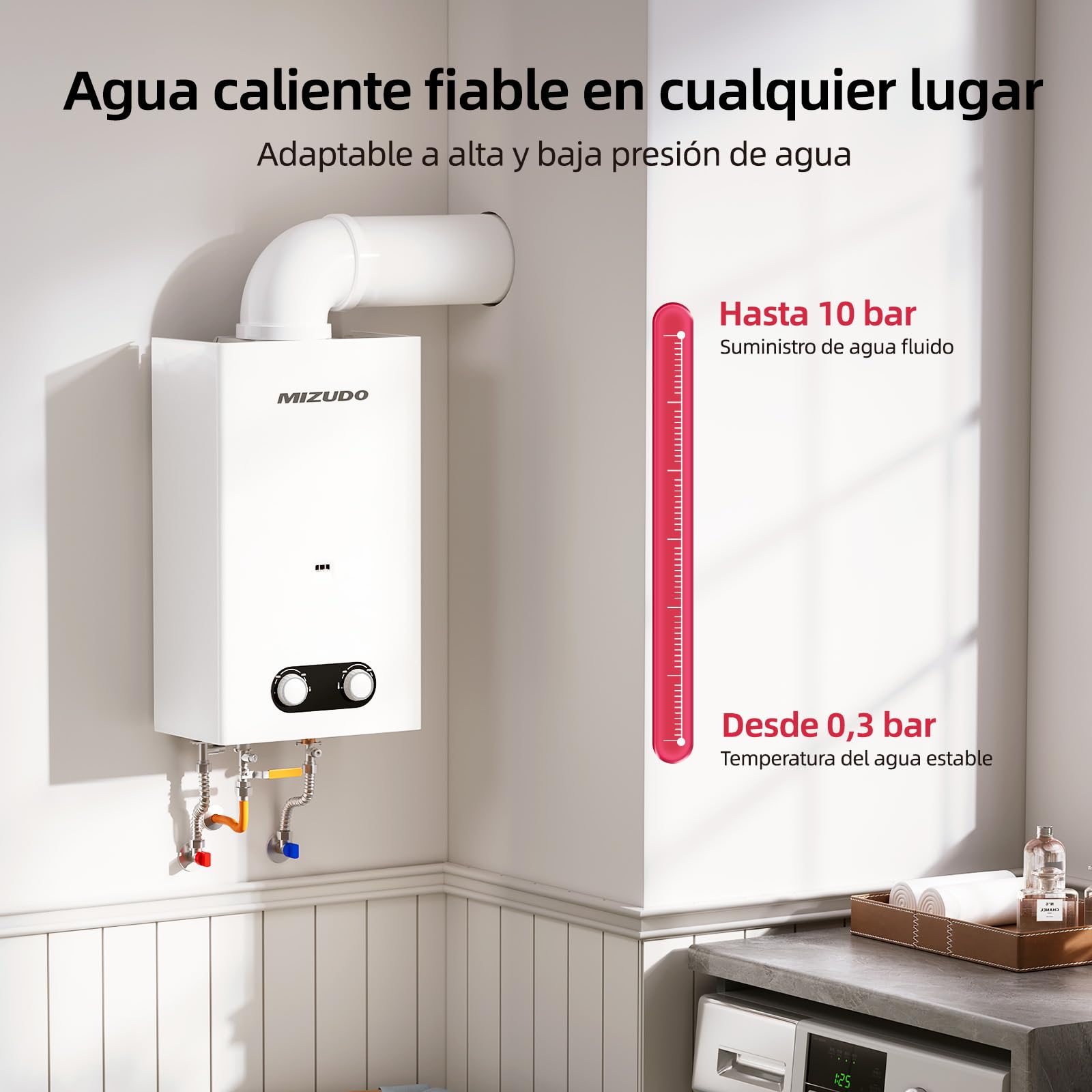 MIZUDO Calentador de Agua Butano Gas LPG, Clase de Eficiencia Energética A, Low NOx, Calentadores Propano 10L Atmosférico, Quemador de Baja Emisión, 32.8 x 21.35 x 55 cm