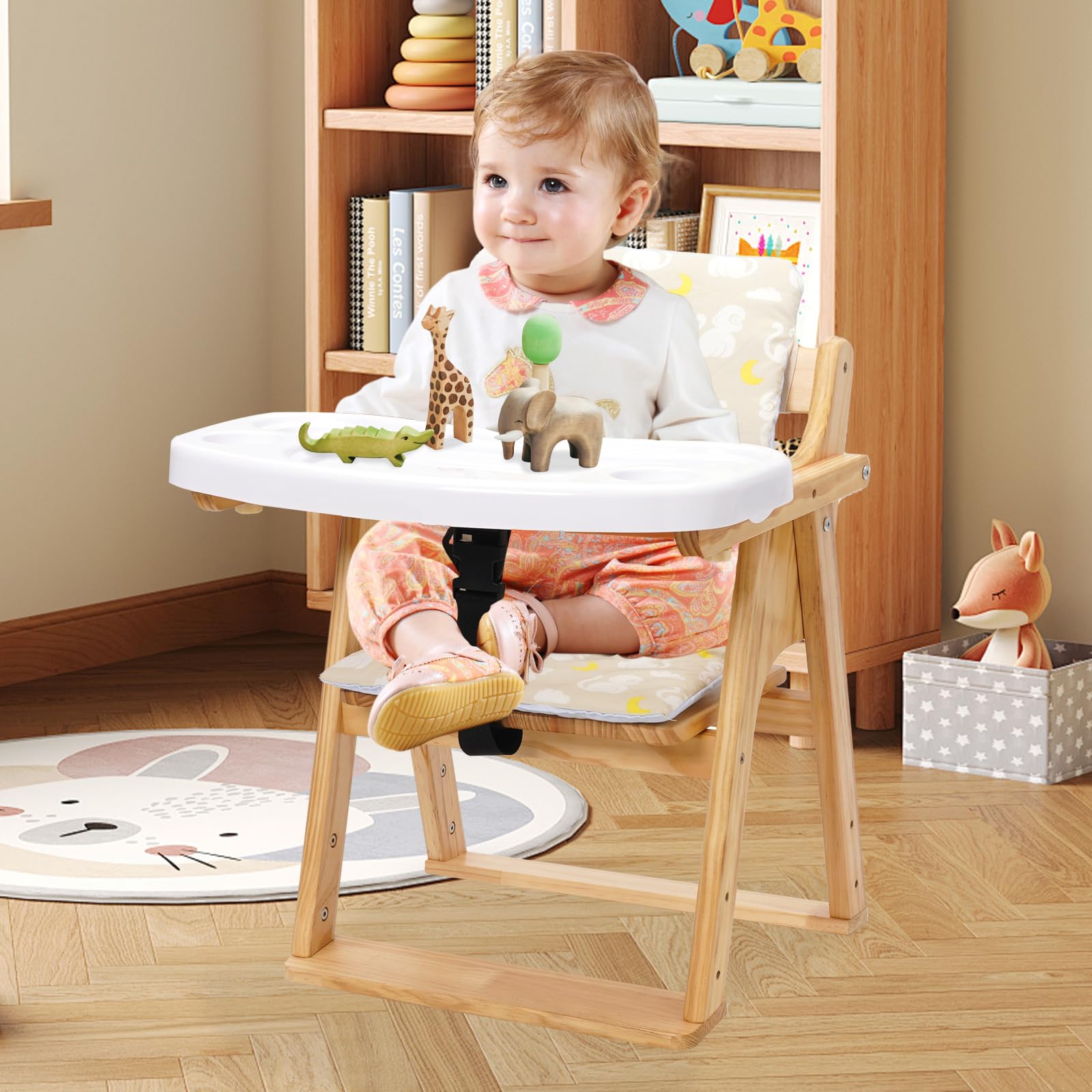 Trona bebé de Madera 4 en 1, Silla de Bebé para Comer con Altura Ajustable, Bandeja Desmontable, Asiento con Cinturón 3 Puntos, De 6 meses a 10 años, Madera natural