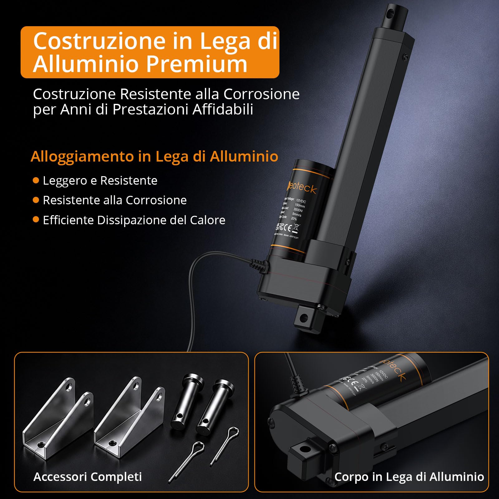 Neoteck Motore Lineare Elettrico 3000N 150mm 12V DC 3.5 mm/s a Carico 50 dB | Attuatore Lineare IP65 Finecorsa Integrato Certificato CE per Sollevatori Industriali Macchine Agricole Rimorchi Camion e CNC
