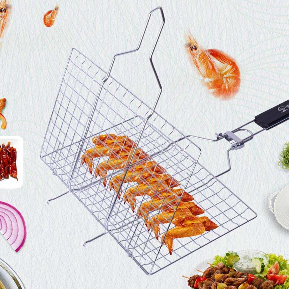 Cestello per verdure per grigliare, cestello per grigliate di pesce, accessori per barbecue, griglia per barbecue pieghevole in acciaio inossidabile con manico in legno rimovibile per cucinare alla