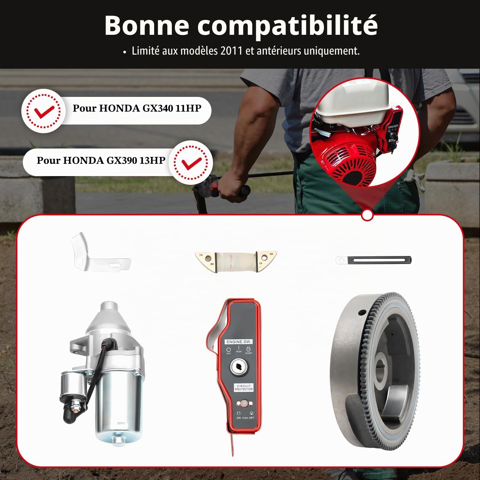 Kit de démarreur électrique pour HONDA GX340 11HP, HONDA GX390 13HP avec boîte de commutation à clé Démarreur Démarreur Magnétique Moteur