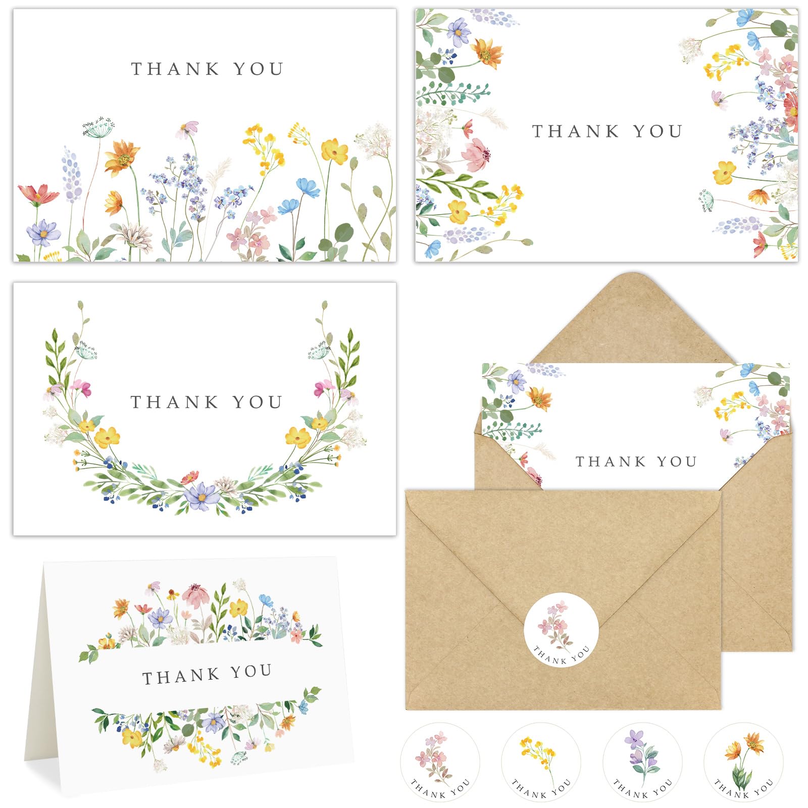 Hidreas 24 Pack Floral Thank You Cards with Envelopes, Watercolor Wildflower Thank You Notes with Kraft Envelopes Sticker for Birthday Wedding Baby