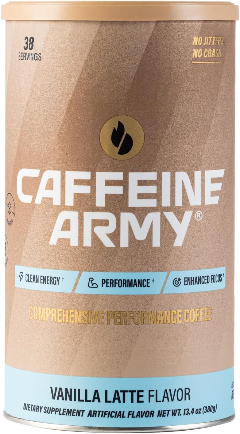 - CAFFEINE ARMY Vanilla Latte | Functional Coffee with Collagen Peptides, MCTs, CoQ10 and Adaptogens: Clean Energy, Supports Daily Attention, No Jitters or Crash (13.4 oz 38 Servings)