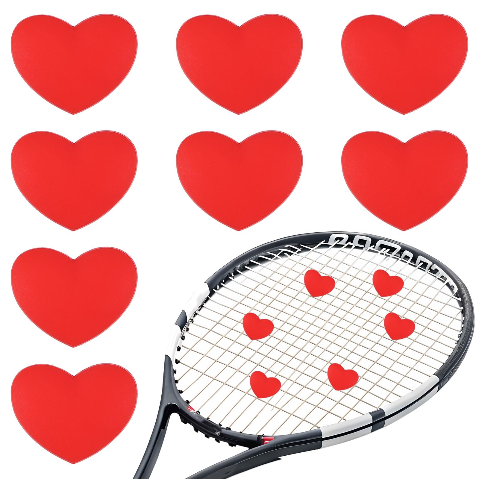 YELARXI Tennis Dampener, Heart Silicone Tennis Racket Dampeners Racket Shock Absorber to Reduce Vibration Soft Cute Fitting for (Players/Universal Fit for All Racquets) 8Pcs & Red — image 1