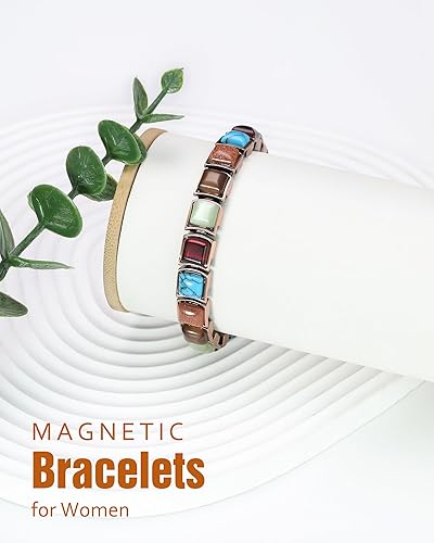 Miniatura 8 de Jecanori Pulseras de cobre para mujer, pulseras magnéticas de turquesa para mujer con 3800 imanes Gauss ultra resistentes y herramienta de tamaño
