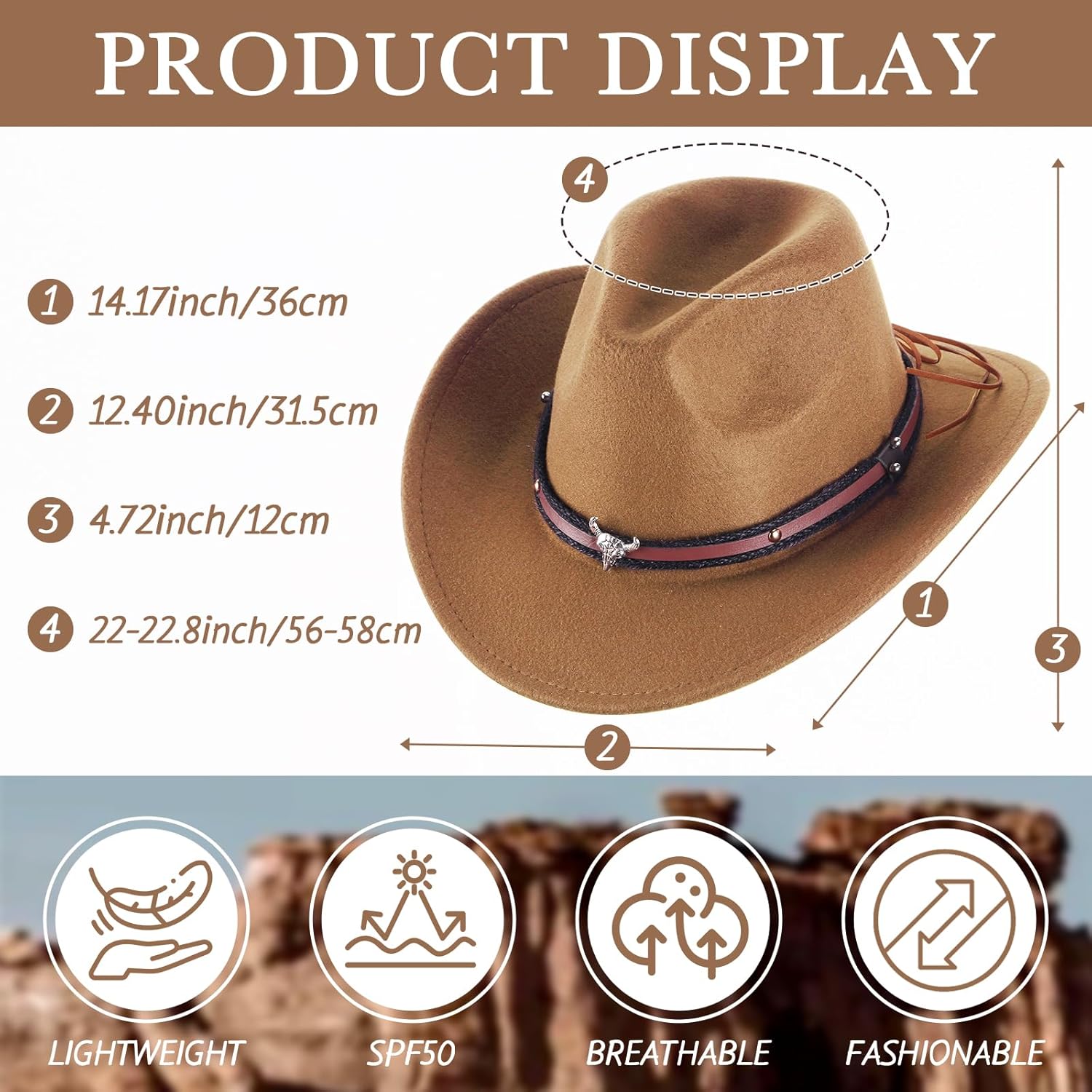Toulite 9 Pcs Western Cowboy Hat Fur Faux Felt Hats Travel Cap with Strap for Men Women Cowgirl Party Cosplay Costume - Image 2