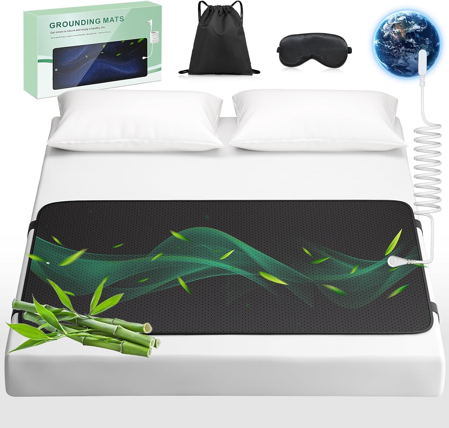 Grounding Mat for Bed with Leather, Improve Sleep, Relieve Stress & Pain, Anti-Slip & Eco-Friendly PU Leather, Includes Grounding Cord & Sleep Mask for Enhanced Rest Magnetic Therapy Queen-27''×60''