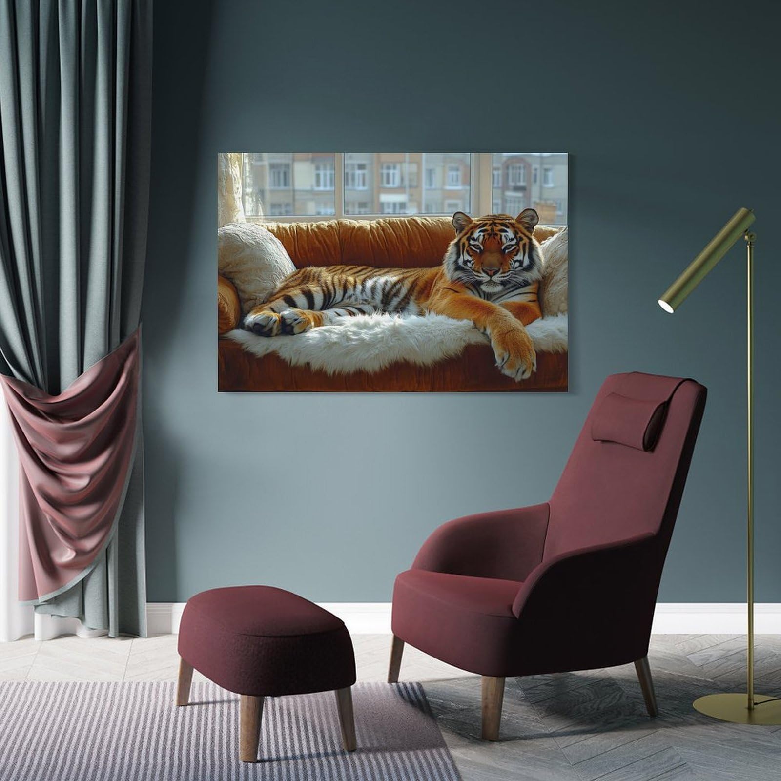Junmoney Decorative Wall Artwork Tiger Relaxing on A Couch, 24x36inch(60x90cm), for Home, Office, Studio Or Guest Room, A Flexible Wall Accent for Shared Spaces