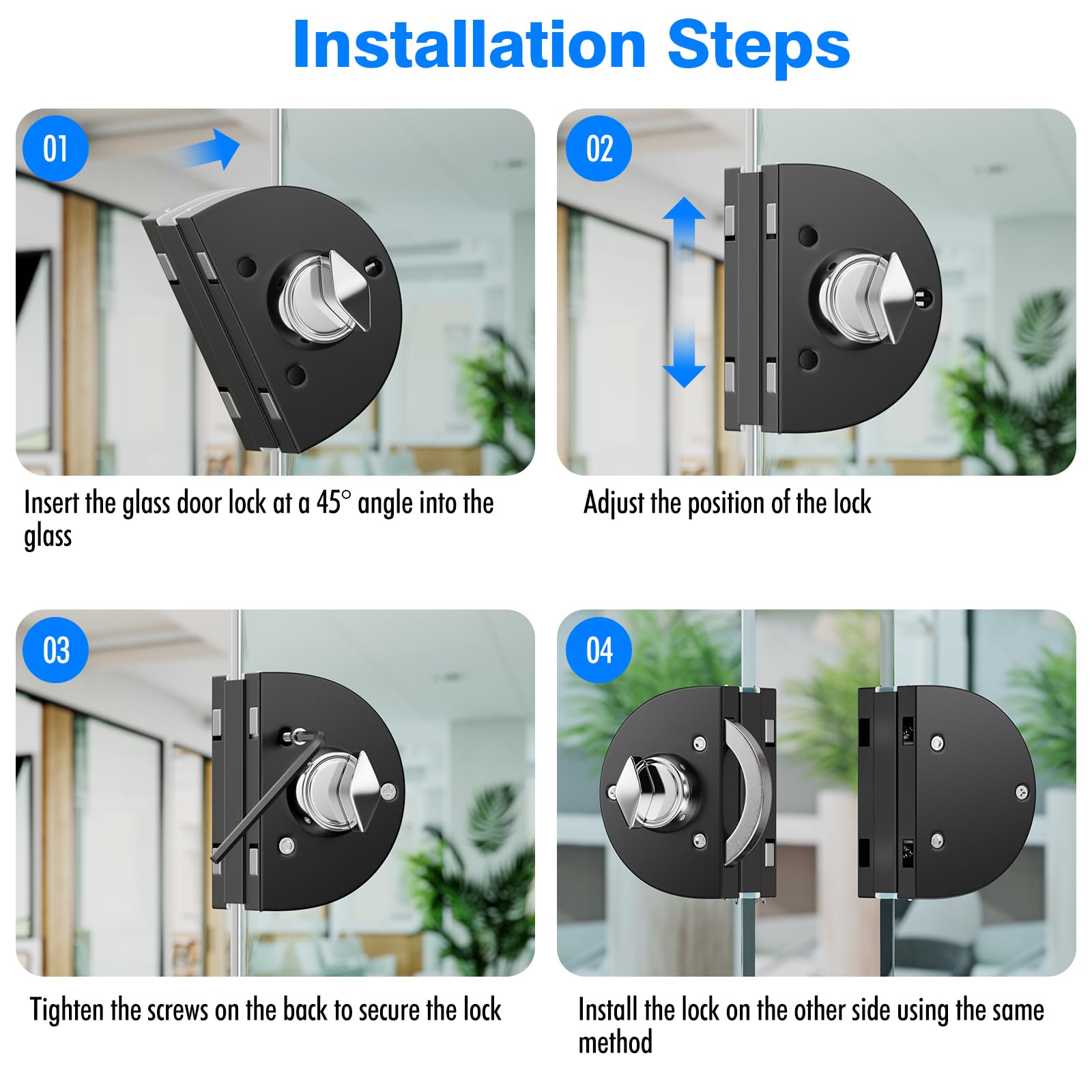 Serratura per porta in vetro senza fori, finitura nera opaca, con chiave e pomello, compatibile con vetro temperato 10-12 mm, installazione rapida, design moderno anti-effrazione, acciaio inox 304.