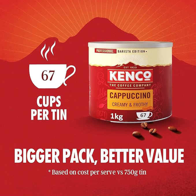Experience the rich and indulgent taste of Kenco Cappuccino Instant Coffee 1kg. This popular brand of coffee is conveniently packaged in a tin weighing 1 kilogram, ensuring that you can enjoy numerous cups without the hassle of restocking too soon.