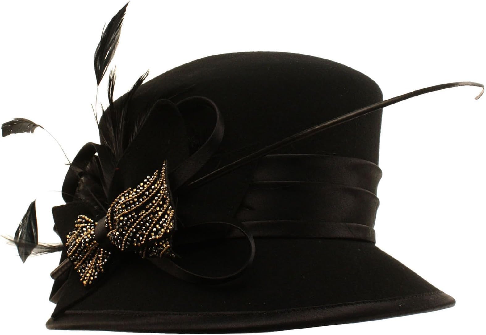 Winter Wool Ribbon Bow Quill Feathers Cloche Bucket Church Hat Adjustable Black