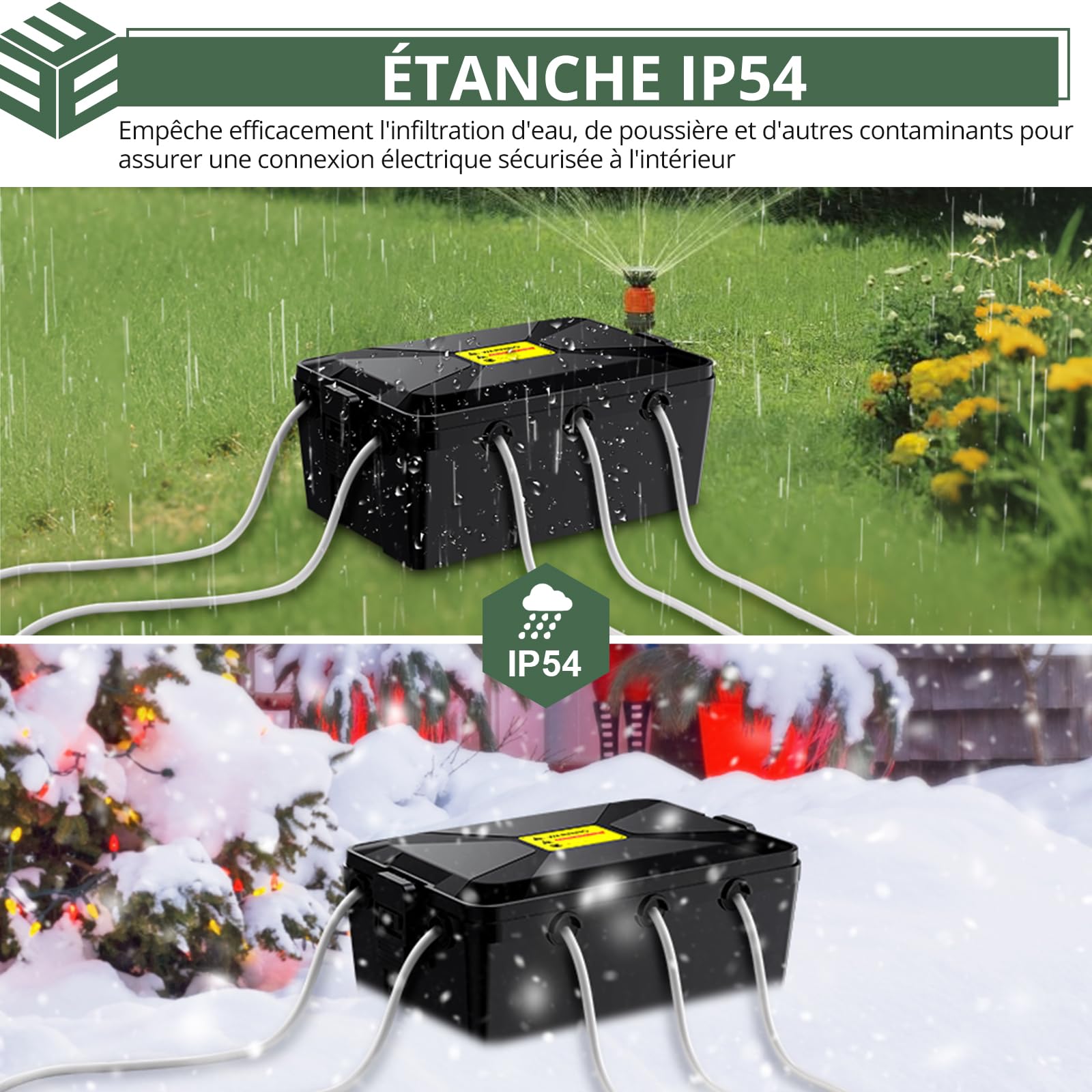 EYPINS Boîte à câbles étanche - Grande boîte électrique d'extérieur étanche IP54 - Pour protéger les rallonges multiprises - 33,5 cm x 22,5 cm x 14,5 cm - Noir